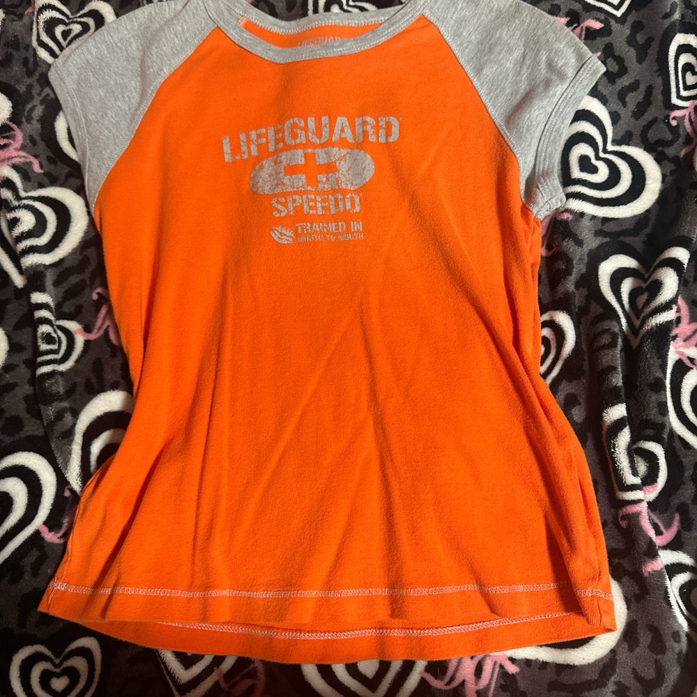 🔥 Vintage Speedo Lifeguard Baby Tee Y2K Orange Gray Raglan Women’s Medium